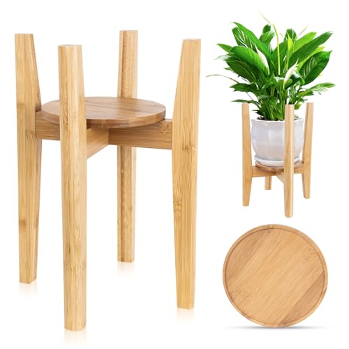 Adjustable Plant Stand with Tray,Indoor Wood Plant Stand Fit 8'' to 12'' Planter,Mid Century Modern Flower Pot Holder Rack(Plant and Pot Not Included) - color: Natural, size: 1 PACK