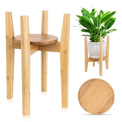 Adjustable Plant Stand with Tray,Indoor Wood Plant Stand Fit 8'' to 12'' Planter,Mid Century Modern Flower Pot Holder Rack(Plant and Pot Not Included) - color: Natural, size: 1 PACK