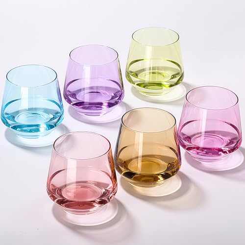 Physkoa Colored Stemless Wine Glasses Set of 6 - Colored Stemless Drinking Glasses, Multicolor Glassware for Party Bar