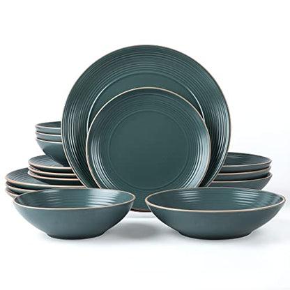 Arora RINGAR Round Stoneware 16pc Double Bowl Dinnerware Set for 4, Dinner Plates, Side Plates, Cereal Bowls, Pasta Bowls - Speckle Matte Green (431952) - color: Speckle Matte Green-Cereal/Pasta Bowl, style: Round-Service for 4(16pcs)