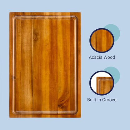 happimess Eldridge Medium 16" x 11" Acacia Cutting Board, Brown | Handcrafted, 1 Inch Thick, Reversible Design, Juice Grooves, Authentic Wood Grain, Rectangular, Farmhouse Style - color: Brown, size: 16"L x 11"W