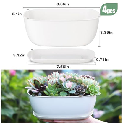 Set of 8 White Oval Shallow Herb Garden Planters with Drainage Holes and Trays (8.66 Inch) Plant Pots for Herbs Basil Orchids Succulents, Modern Herb Garden Planter for Indoor/Outdoor Plants - size: 8.66 x 6.1 x 3.39-inch