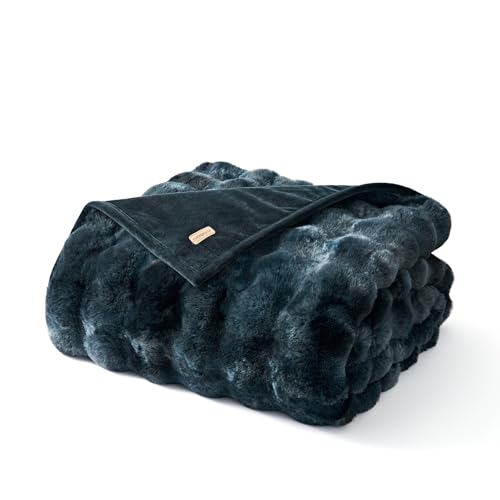 Faux Rabbit Fur Bubble Throw Blanket, 50"x60", Marble Deep Indigo | Ultra Soft, Luxury Faux Rabbit Fur Throw, Thick Warm Bubble Blanket, Cozy Fluffy Reversible, for Bed, Couch, Chair, Sofa - color: Deep Indigo Marble, size: 50"x60"