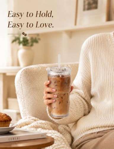 20 oz Ribbed Glass Tumblers with Lids and Straws, Clear, Set of 4 | Thick Reusable Iced Coffee Cups Leak-proof, Reusable Drinking Glasses for Cold & Hot Beverages, Fits Car Cup Holder Travel