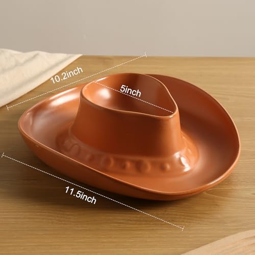 Chip and Dip Serving Set Bowl Cowboy Hat Chips and Salsa Serving Dish Brown. - color: Brown with spots