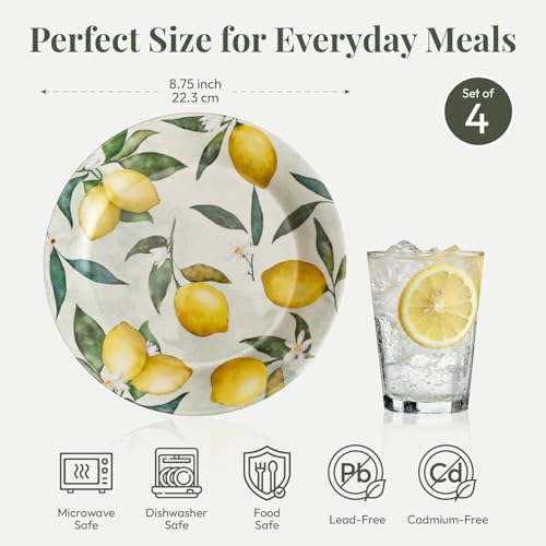 Bico Lemon Dreams Salad Plates Set of 4, 8.75 Inch Ceramic Dessert Plates for Salad, Appetizer, Side Dishes, Microwave and Dishwasher Safe, Gift for Housewarming and Thanksgiving - color: Lemon Dreams