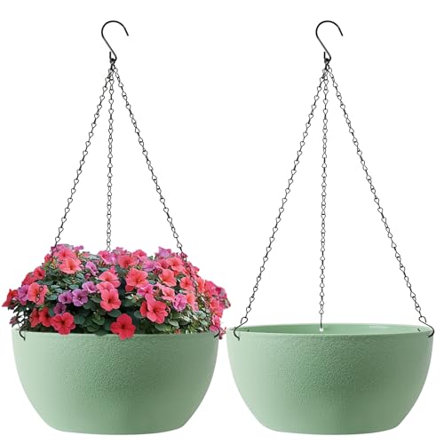 T4U Hanging Planters for Indoor Outdoor Plants, 12 Inch Green 2 Pack | Self-watering flower pots with drainage and chains for vines, ivy, fern and petunia; indoor, porch, patio or garden decor - color: Green, size: 12 In