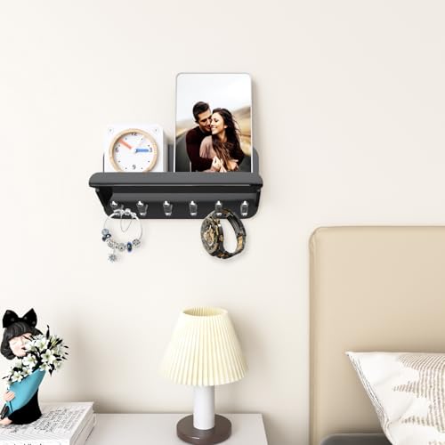 Beego Entryway Key Holder for Wall - Black Acrylic Key Rack with Shelf Decorative Key Hanger Wall Mount Mail Organizer with 6 Key Hooks for Office Hallway Kitchen Living Room Home Décor