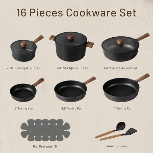 CAROTE 16pcs Pots and Pans Set, Nonstick Cookware Sets | Titanium Reinforced Coating, Scratch-Resistant, Easy to Clean, Even Heating, Induction Compatible, with Frying Pans Set - color: Black, size: 16 PCS