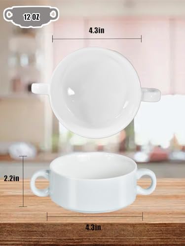 French Onion Soup Bowls with Handles, 12-Ounce Stackable Soup Crocks, Ceramic Soup Bowls Dishwasher, Oven, Microwave Safe, Large Ramekins Bowls Set of 4 (White) - color: White