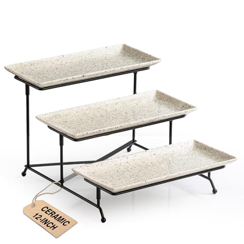LAUCHUH 3 Tier Serving Tray, Porcelain Serving Platters and Trays for Party | 12 Inch Tiered Tray Stand Cupcake Stand with Collapsible Sturdier Rack & 2 Cross Bars for Thanksgiving Day, Speckled Glaze - color: Speckled Glaze, size: 12 Inch