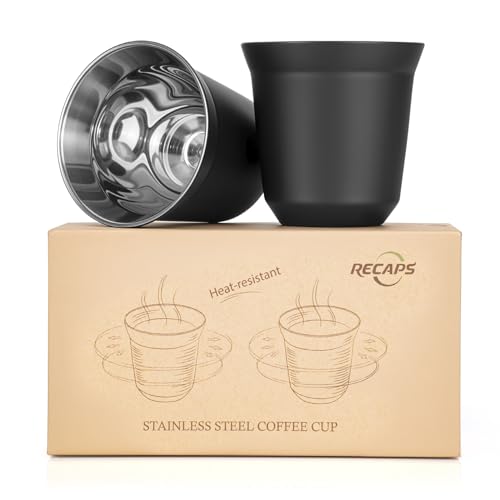 RECAPS 80ml Stainless Steel Espresso Cups Set (Black) | 2 Pack Double Wall 304 Stainless Steel Demitasse Cups 2.7oz,Black (Small Cup) - color: Black