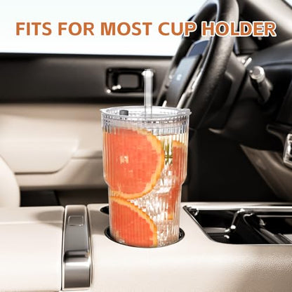 20oz Ribbed Glass Cups with Lids and Straws,2PCS Glass Tumbler with Straw and Lid,Iced Coffee Cups Drinking Glasses for Juice Whiskey Cocktail Beer