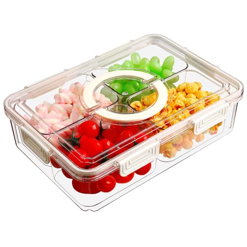 Divided Serving Tray with Lid & Handle, 4 Compartment Removable Snack Box, Kitchen Organizers and Storage, Snackle Box Container, BPA-Free Fruit Storage Container for Berry, Snack, Candy, Nuts…