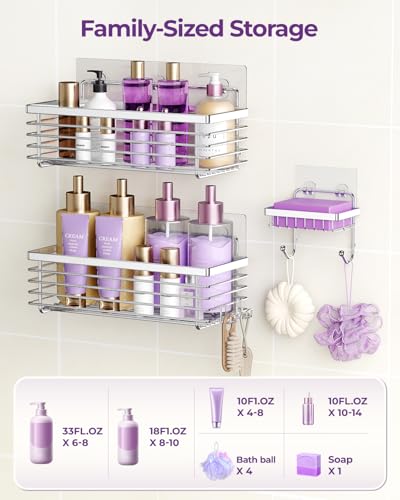 Shower Caddy Adhesive 3 Pack Stainless Steel Storage Organizers-Silver | No drilling wall mounted,rust-resistant,large capacity,quick drainage,easy to clean,suitable for bathrooms and kitchens - color: Silver