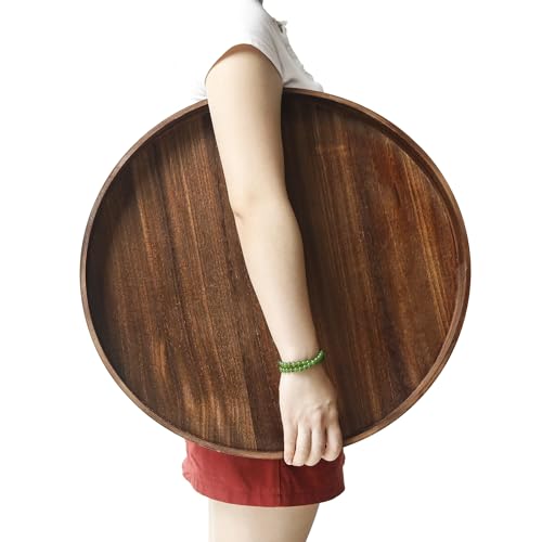 19.6" Extra Large Round Wooden Decorative Tray with Handles,Wood | Wooden Serving Tray for Coffee Table,Kitchen Counter,bandejas decorativas - color: Wood, size: 19.6"