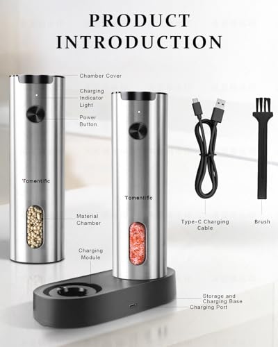 Electric Salt and Pepper Grinder Set with Rechargeable Base - Upgraded Large Capacity, Refillable Pepper Mill Set with LED Light & Adjustable Coarseness, Ideal for Kitchen, Outdoor (Polished Silver) - color: Polished Silver