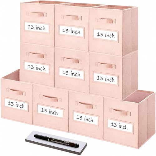 Storage Bins,13" Cube Storage Bin with Labels,10pcs,Pink | Fabric Storage Cubes for Shelves,13 Inch storage cube bins with 10 Labels Window Cards & a Pen. - color: Pink, size: 13"