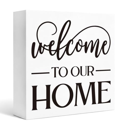 Home Wood Box Sign Decor, Welcome to Our Home White Wooden Block Plaque for Shelf Tabletop Display, Farmhouse Rustic Home Accent for Entryway Living Room Bedroom 5x5 Inches - color: Homre Sign 1