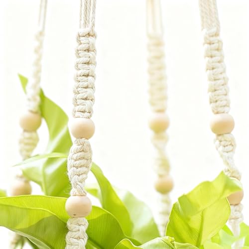 2 Pack Macrame Plant Hanger, 36 in Ivory Hanging Planter Holder | Larg Hanging Baskets with Wood Beads & No Tassels,Indoor Outdoor Boho Home Decor for Flower Pots (2 Hooks Included)
