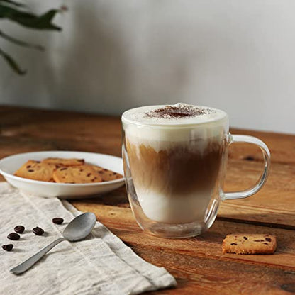 CNGLASS Double Wall Glass Coffee Mugs 12 oz,Insulated Glass Coffee Cups with Handle,Clear Espresso Mugs for Cappuccino,Latte,Tea Bags,Hot and Cold Beverages,Set of 2 - size: 12oz