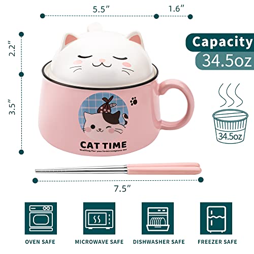 Ramen Bowl Set with Chopsticks, Cute Cat Instant Ramen Noodle Bowls with Lid, 34.5 OZ Extra Large Ceramic Soup Bowls with Handle, Japanese Ramen Cooker, Microwave safe (Pink) - color: Pink