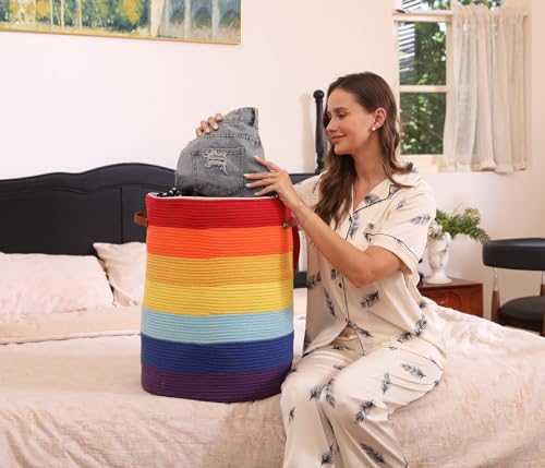 16"x20" Extra Large Cotton Rope Basket with Zipper Lid, Woven Laundry Hamper and Blanket Storage Basket, Round Clothes Bin for Living Room Bedroom, Rainbow Multicolor - color: Rainbow