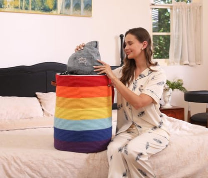 16"x20" Extra Large Cotton Rope Basket with Zipper Lid, Woven Laundry Hamper and Blanket Storage Basket, Round Clothes Bin for Living Room Bedroom, Rainbow Multicolor - color: Rainbow