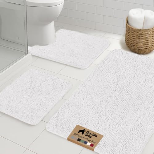 GORILLA GRIP Bathroom Rug Sets 3 Piece, Bath Mat Set and Oval Toilet Base with Rubber Backing, Plush Absorbent Shaggy Chenille Washable Mats, Includes 24x19.5, 24x17 and 36x24 Inch Rugs, White - color: White, style: 24"x19.5" + 24"x17" + 36"x24" - 3 Pack