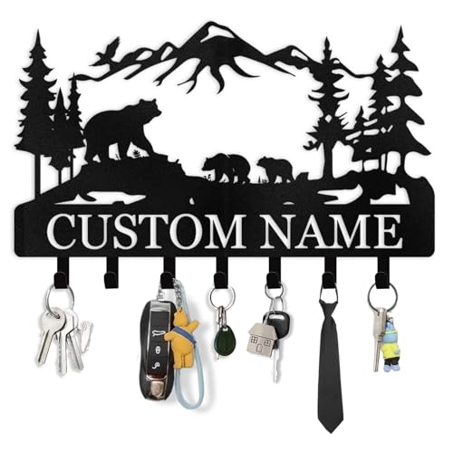 Custom Key Rack Wall Mount, Mountain Key Holder for Wall, Rustic Key Holder Wall Mount Camping, Metal Bear Coat Hooks, Cabin Decor Key Holder for Hanging, Key Hanger Organizer for Bedroom, Hallway - color: 04 Bear