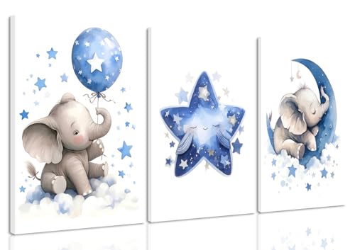 HNNXAR Elephant Nursery Wall Decor,Blue Moon And Stars Picture Painting,Baby Girl Room Decor,Nursery Canvas Wall Art,Cute Animal Poster Prints Set of 3 For Baby Girls Boy Bedroom 16x24 Framed - color: Blue Elephant, size: 16"x24" Wrapped Canvas