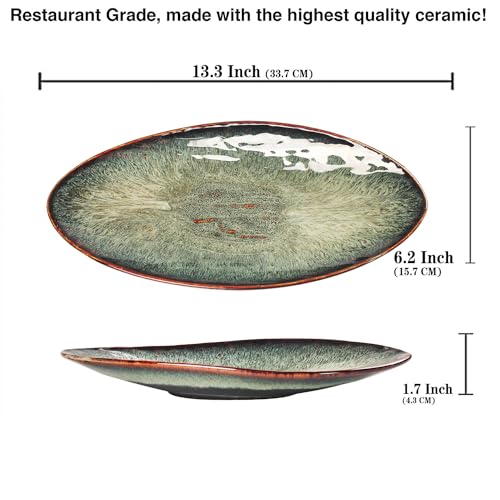 Ceramic Dinner Plates Set of 4, for Bread, Pasta, Salad, sushi - Microwave, Oven and Dishwasher Safe, Scratch Resistant durable Black reactive glaze - color: Black reactive glaze, size: 13.3 inch