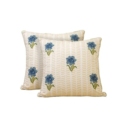 JBH Hand Block Print Reversible Throw Pillow Covers 18x18 Inch Set of 2 – Handmade Cotton Throw Pillow Cases (Blue, Green, Cream, 18x18 Inch) - color: Blue, Green, Cream