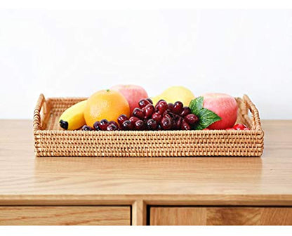 Hand-Woven Rattan Rectangular Serving Tray with Handles for Breakfast, Drinks, Snack for Coffee Table (17x11.4x1.8inches) - size: 17x11.4x1.8inches