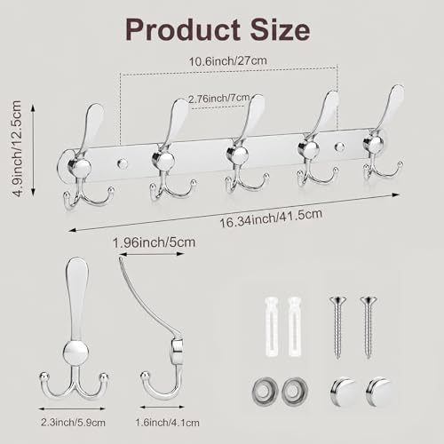 YUNISS Coat Rack Wall Mounted，5 Tri Stainless Steel Coat Hook for Coat Hat Robes Towel in Mudroom Entryway (Sliver, 1 Pack 5 Hook) - color: Sliver, size: 1 Pack 5 Hook