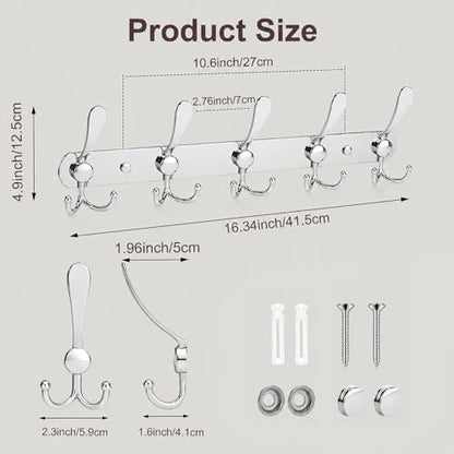 YUNISS Coat Rack Wall Mounted，5 Tri Stainless Steel Coat Hook for Coat Hat Robes Towel in Mudroom Entryway (Sliver, 2 Pack 5 Hook) - color: Sliver, size: 2 Pack 5 Hook