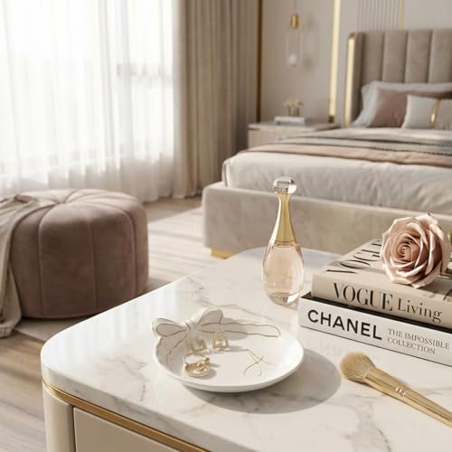 COLLECTIVE HOME Ceramic Jewelry Tray, Monogram Trinket Dish with Bow (A) | Mothers Day Graduation Christmas Birthday Gifts for Women, Bridesmaid Proposal Gifts, Features Real Gold Trim & Gift Box - color: A