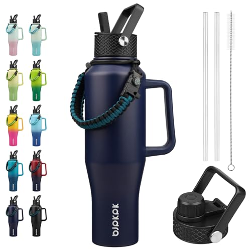 BJPKPK 40oz Insulated Water Bottle with Handle & Straw Lid, Stainless Steel | Vacuum Insulated with Straw Lid & Spout Lid, Paracord Strap, Keep Cold & Hot, Leak-Proof, BPA-Free, for Gym, Hiking, Travel - color: Navy Blue, style: 40oz-Side Handle
