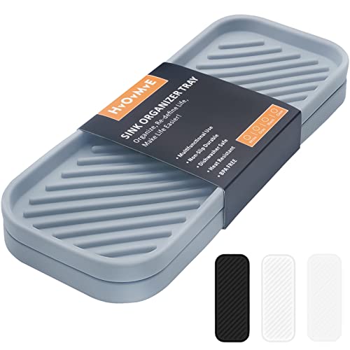 Silicone Organizer Tray, Soap and Sponge Holder for Kitchen Sink, Bathroom - Storage Tray for Dish Brush, Soap Dispenser, Dishwashing Accessories- 2 Pack (Gray) - color: Gray, size: 9.2 x 3.6 x 0.5 inches, 2 Pack