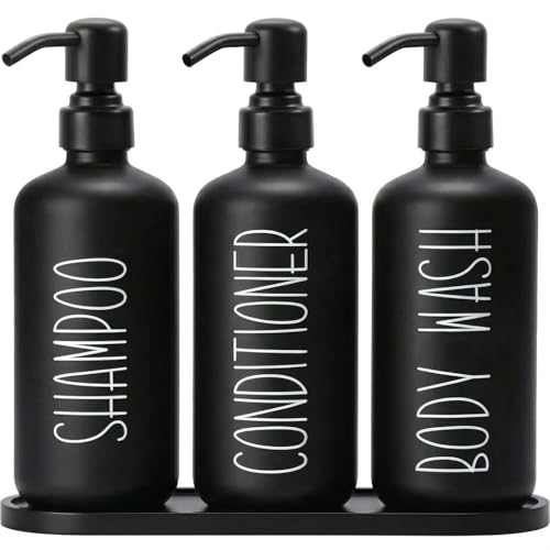 MOMEEMO Reusable Shampoo and Conditioner Bottles with Tray, Black | Shampoo Bottles Refillable with Pump, Pump Bottles for Shampoo and Conditioner, Shower Dispenser Bottles - color: Black Black