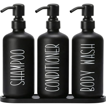 MOMEEMO Reusable Shampoo and Conditioner Bottles with Tray, Black | Shampoo Bottles Refillable with Pump, Pump Bottles for Shampoo and Conditioner, Shower Dispenser Bottles - color: Black Black