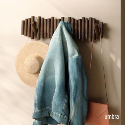 Umbra Picket Coat Rack, Wall Mount 8 Flip-Down Coat Hooks, Walnut | Beveled pine wood dowels, supports up to 5 lbs, mounting hardware included, space saving - color: Walnut, size: 8-Hook