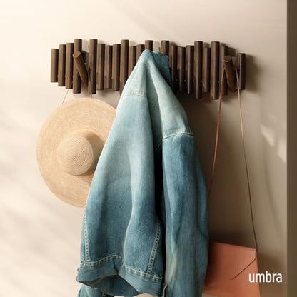 Umbra Picket Coat Rack, Wall Mount 8 Flip-Down Coat Hooks, Walnut | Beveled pine wood dowels, supports up to 5 lbs, mounting hardware included, space saving - color: Walnut, size: 8-Hook