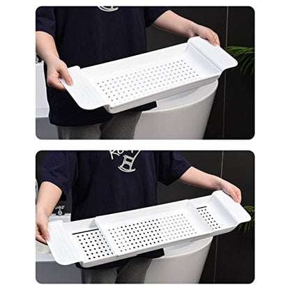 Bathtub Caddy Tray, Expandable Bath Tray for Bathtubs Plastic Shower and Bath Shelf Caddy Adjustable Bath Tub Table Caddy Pad Holder Shampoo Soap Storage Bathroom Accessories Dish Drainer(White)