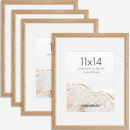 11x14 Picture Frame Set of 4 Natural Solid Oak Photo Frames with 8x10 Removable Mat Wall Hanging Large Handcrafted Frame with HD Plexiglass Wall and Tabletop Display Large Poster Frame - color: Oak, size: 11X14,4P