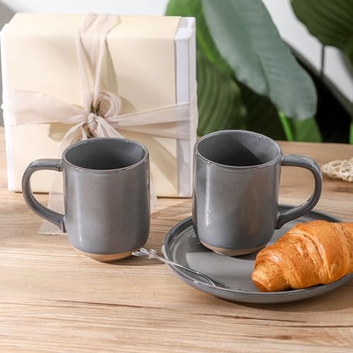 Ceramic Coffee Mugs Set of 4, 14oz Coffee Cups with Large Handle, Stoneware Two-Tone Tea Mugs for Latte and Cappuccino,Slate Gray Speckled, Terracotta Base,Housewarming Gift,Dishwasher&Microwave Safe - color: Gray, size: 14 OZ