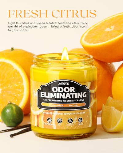 AOOVOO Citrus Lemon 2 Pack Odor Eliminating Candle - 18oz Soy Candle | Eliminates 95% of Pet, Smoke, Food, and Other Smells Quickly, Non Toxic Air Freshing Candle, Up to 100 Hours Burn time - size: 18 Ounce (Pack of 2)