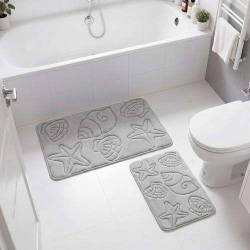 Tinideya Set of 2 Memory Foam Shell Starfish Bath Rugs Sets Ocean Beach Bathroom Mat Soft Absorbent Non Slip Floor Carpet for Coastal Bedroom Living Room Kitchen Entryway Indoor Decorations