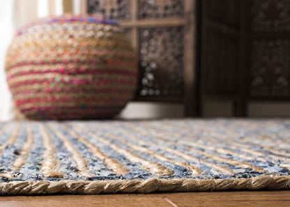 SAFAVIEH Cape Cod Collection Area Rug - 6' Square, Natural & Blue, Handmade Flat Weave Jute, Ideal for High Traffic Areas in Living Room, Bedroom (CAP250A) - size: 6' x 6' (Square)