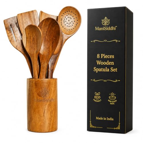 Teak Wood Cooking Utensil Set 8 Piece, Home essentials cookware set,Kitchen Utensils with Holder Wooden Spoons & Spatula for Cooking Nonstick Cookware,Safe, Non Toxic, Handcrafted